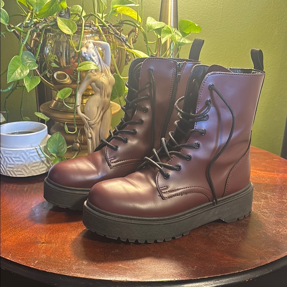 Yoki Burgundy Combat Boots with Black Soles